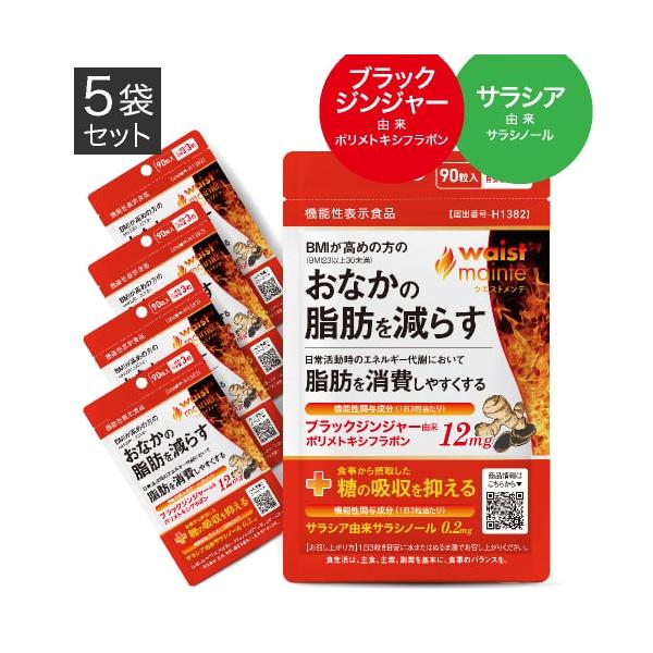 ブラックジンジャー サラシア サプリ BMIが高めの方の おなかの脂肪を減らす ウエストメンテ 機能性表示食品 90粒 5袋セット 約5ケ月分 燃焼系