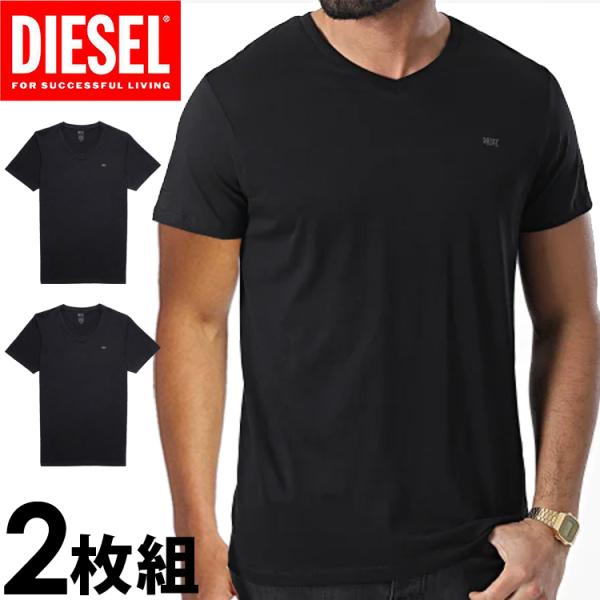 ディーゼル メンズ コットン Vネック 半袖 Tシャツ 2枚セット コットン100％ ブラック ロゴ S M L XL XXL DIESEL  a05428-0ldas-e1350