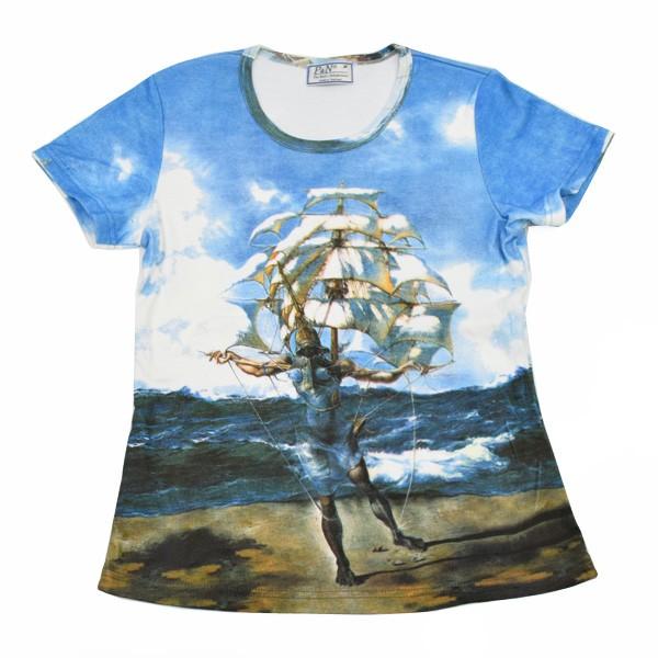 tシャツ 半袖 総柄 レディース アート プリント Tシャツ サルバ ドール・ダ リ 『船』(T-W020-DA04)