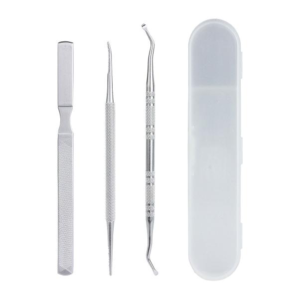 サイズ(約)：画像参照材質：ステンレス鋼セット内容：爪やすり2種類、ゾンデ、収納ケース重量(約)：52g (合計) 製造国：中国【注意事項】※撮影用小物は付属しておりません。※水洗い後はしっかりと乾かしてください。※ケースのデザインや材質等...
