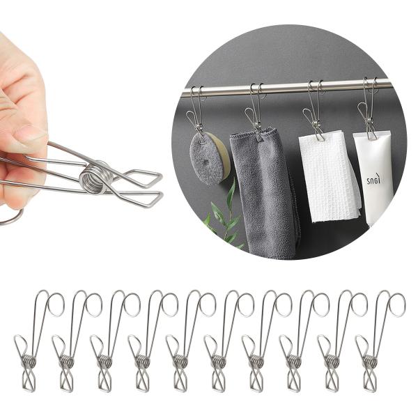 どこでも吊るせるステンレス製フッククリップ10個セットそのお悩みこのフッククリップが解決します！ステンレス製で水回りにも使えて衛生的なのでこれで直置きとはおさらば！！強力クリップで様々なものを弾力性の高いバネでしっかりと挟むことができます。...