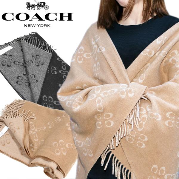 COACH コーチ ポンチョ ストール 大判 厚手 ウール リバーシブル レディース シグネチャー 黒 ブラック ベージュ ブランド 秋 冬 ギフト