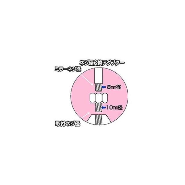●メーカー名：ミラックス / MIRAX●商品名：ミラックス111 ネジ径変換アダプター（メッキ）メーカー品番：MIRAX111JANコード：4571261650564汎用 メッキミラーネジ径 取付ネジ径：8mm正ネジ→10mm逆ネジ※画像...