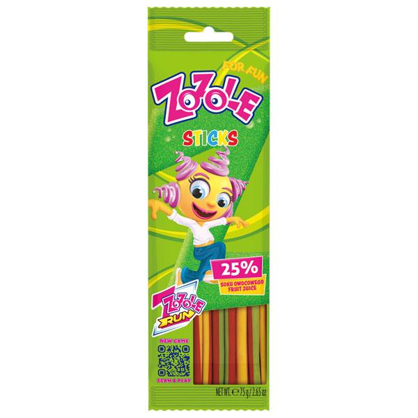 【ゾゾレ　スティックス(グミ)　75g】●カラフルな甘酸っぱいフルーツフレーバーのスティックグミ。●原材料：砂糖、グルコースシロップ、小麦粉、濃縮リンゴ果汁、植物油脂、ゼラチン/pH調整剤、グリセリン、香料、乳化剤、着色料(ブラックキャロッ...