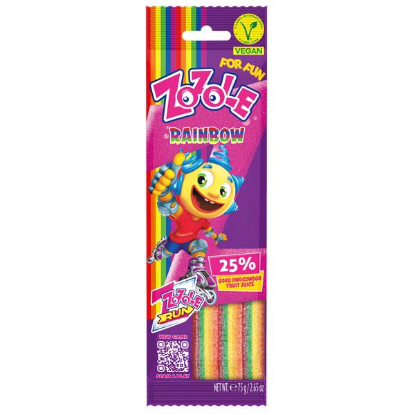 【ゾゾレ　レインボー(グミ)　75g】●きゅっと酸っぱいフルーツフレーバーの、ベルト状になったレインボーサワーグミ。●原材料：砂糖、小麦粉、グルコースシロップ、濃縮リンゴ果汁、植物油脂/pH調整剤、香料、乳化剤、着色料(ブラックキャロットジ...