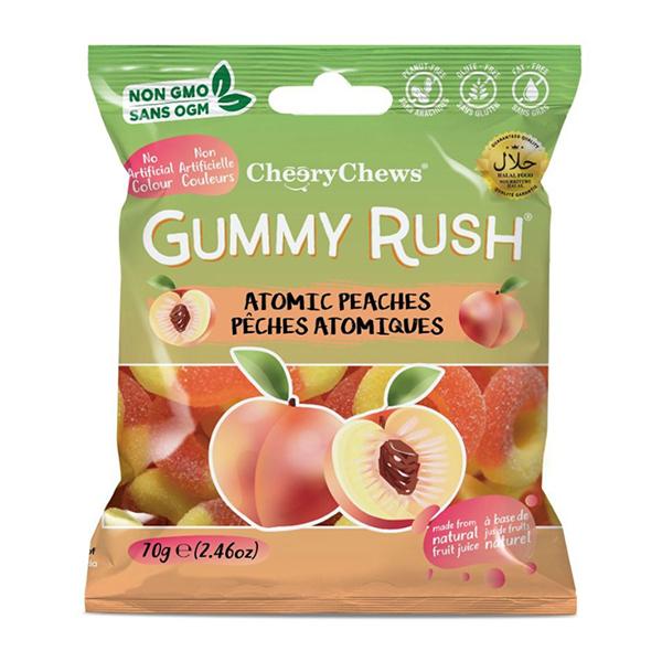 【グミーラッシュ　アトミックピーチ】●ジューシーな甘酸っぱいピーチ味のグミ。あまりの美味しさで、単一フレーバーになりました。リング形状でつまみやすく食べやすいグミです。●原材料：グルコースシロップ、砂糖、ゼラチン、りんご濃縮果汁/加工デンプ...