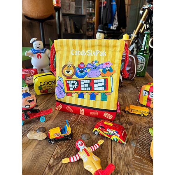 駄菓子屋シリーズ　お菓子のキンチャク袋　（PEZ　ペッツ）　オフィシャルグッズ　巾着袋　昭和レトロ　■ アメリカン雑貨 アメリカ雑貨