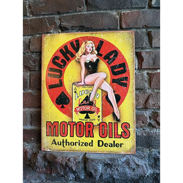 ラッキーレディ モーターオイル ピンナップガール ブリキ看板 ■ アメリカン雑貨 アメリカ雑貨