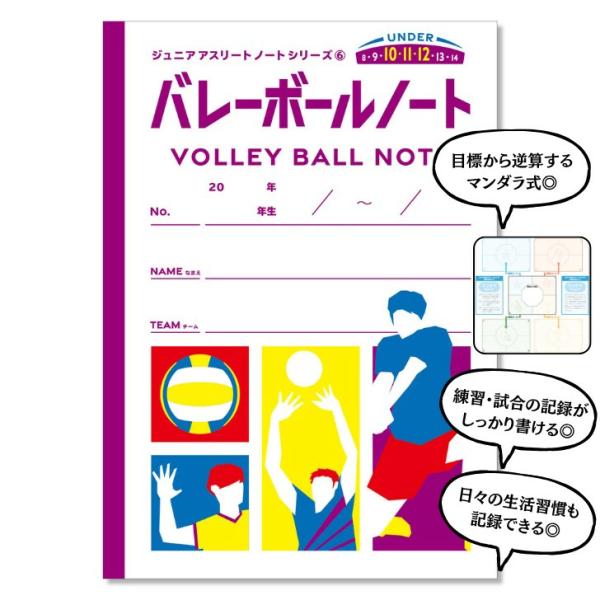 日々の練習や試合の記録を残せるジュニアアスリート（バレーボール）のための専用ノートです。サイズ：Ａ４サイズ（210mm×297mm）ページ数：96ページ（練習記録12週分／24P　試合記録48試合分／48P　その他／24P）＋目標設定シート...