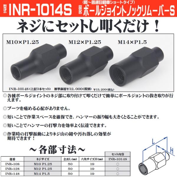 INR-1014S ボールジョイントノックリムーバーS【商品概要】・タイロッドエンドの抜取り作業用工具・ネジ部にセットして叩くだけで簡単に抜取り可能・全長を短く設計し作業スペースを確保・ハンマーの振り幅を大きく取れる構造【材質・仕上】・SC...