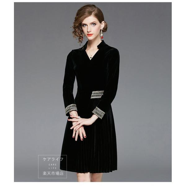 ベロアワンピース秋冬ワンピースvネックドレス長袖ミディワンピース通勤ワンピース結婚式 エレガント パーティドレス パーティードレス ドレス ブライダル 代 ファッション C1160 Carelife 40代お呼ばれ 30代