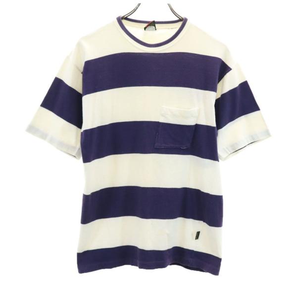 Cross Creek クロスクリーク 90s USA製 オールド ボーダー柄 半袖 Tシャツ M ネイビー×ホワイト 胸ポケット メンズ 古着 中古