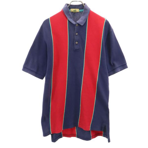 Cross Creek クロスクリーク 90s USA製 オールド ストライプ柄 半袖 鹿の子 ポロシャツ L ネイビー メンズ 古着 中古