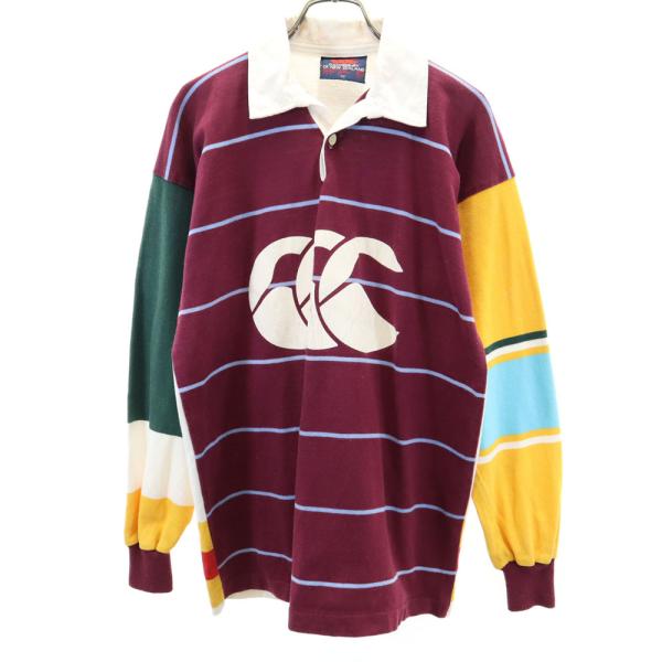 CANTERBURY OF NEW ZEALAND カンタベリー ニュージーランド製 ボーダー柄 長袖 ラガーシャツ 42 ボルドー 他 ポロシャツ ラグビー メンズ 古着 中古
