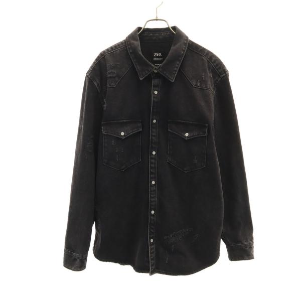 ZARA（ザラ） ヴィンテージ加工 デニム シャツジャケット XL ブラック 