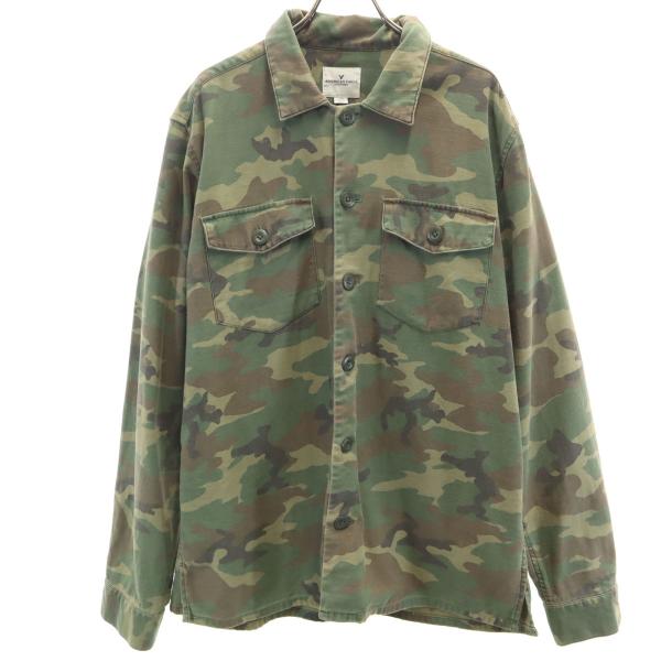 American Eagle アメリカンイーグル カモフラ柄 長袖 ミリタリーシャツ L カーキ 迷彩 メンズ 古着 中古