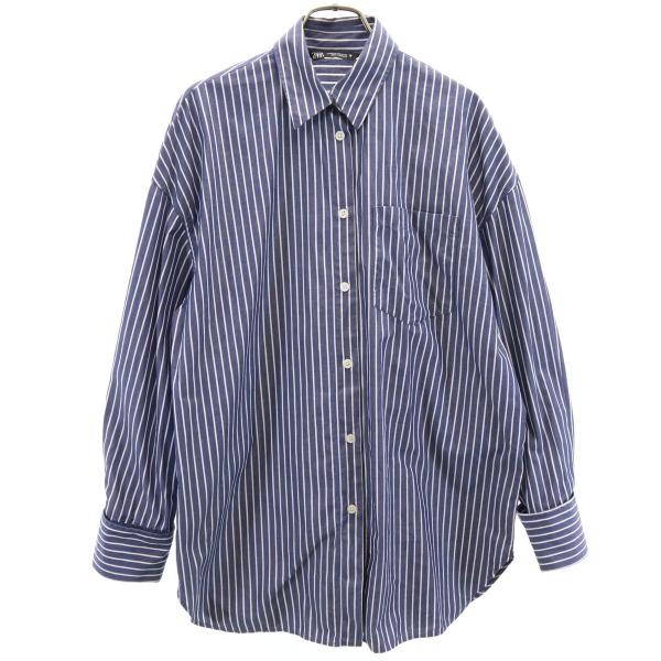 ZARA（ザラ） ストライプ柄 長袖 シャツ XS ネイビー レディース 古着