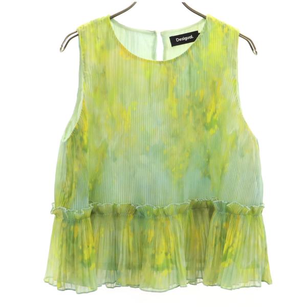Desigual デシグアル ノースリーブ プリーツ カットソー M グリーン系 レディース 古着 中古