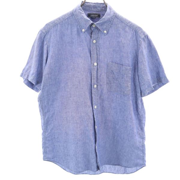 LANDS' END ランズエンド リネン 半袖 ボタンダウンシャツ M ネイビー メンズ 古着 中古