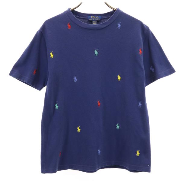 POLO RALPH LAUREN ポロラルフローレン 総ポニーロゴ 半袖 Tシャツ M 10-12 ネイビー 鹿の子 キッズ 古着 中古