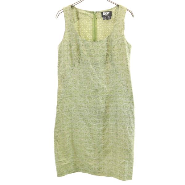 DKNY DONNA KARAN NEW YORK ダナキャランニューヨーク 総柄 ノースリーブ ワンピース P4 グリーン系 レディース 古着 中古