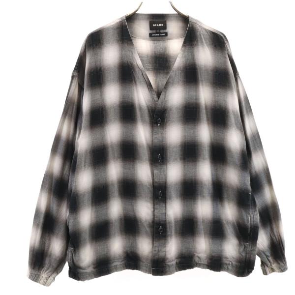BEAMS ビームス オンブレチェック 長袖 Vネック カーディガン S ブラック メンズ 古着 中古