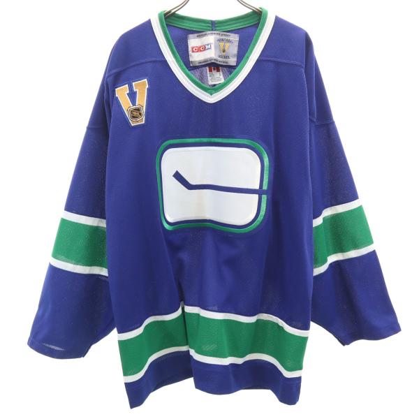 CCM 90s カナダ製 オールド ホッケー NHL バンクーバー・カナックス 長袖 ゲーム シャツ M ブルー メッシュ メンズ 古着 中古