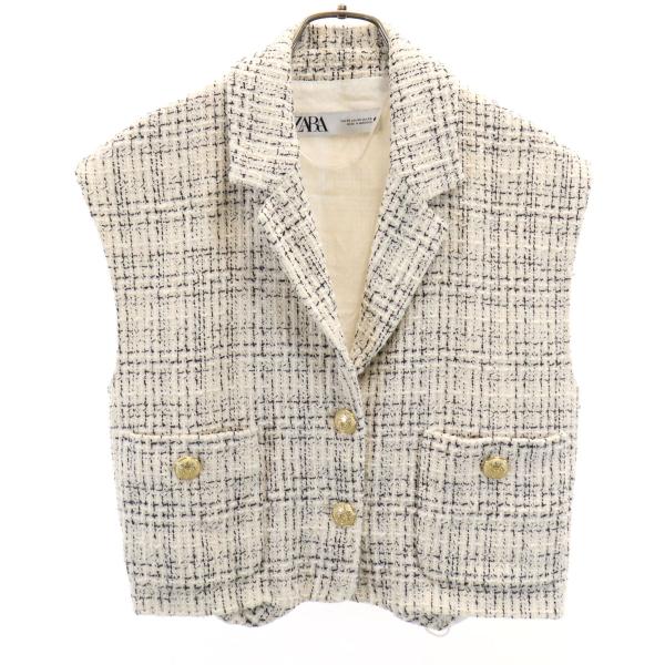 ZARA ザラ チェック柄 ノースリーブ ツイード ジャケット XS ホワイト系 レディース 古着 中古