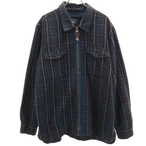 GAP ギャップ チェック柄 ジップ シャツジャケット XL ネイビー メンズ 古着 中古