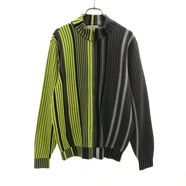 LANVIN SPORT ランバン スポーツ 日本製 ウールブレンド ストライプ柄 ジップ ニットジャケット 40 グレー メンズ 古着 中古