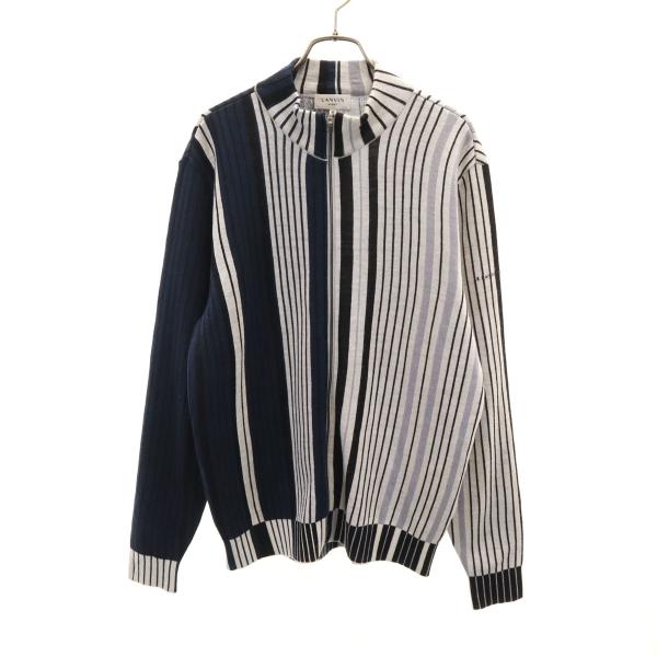 LANVIN SPORT ランバン スポーツ 日本製 ストライプ柄 ジップ ニットジャケット 40 ネイビー系 メンズ 古着 中古