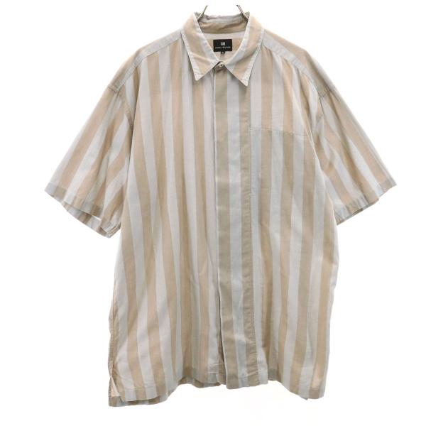 イッセイミヤケメン 90s シルク ストライプシャツ ベージュ系 M 日本製 ISSEY MIYAKE（イッセイミヤケ） 90s オールド ストライプ柄 半袖