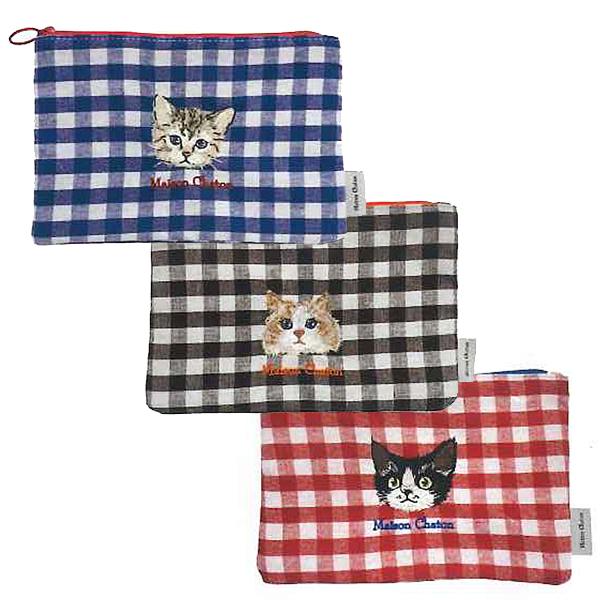 Maison Chaton ギンガムチェック ネコ刺繍 フラットポーチ 700004/BL 700005/BR 700006/RD コージカンパニー 2026年9月 女の子 かわいい おしゃれ 雑貨 バック