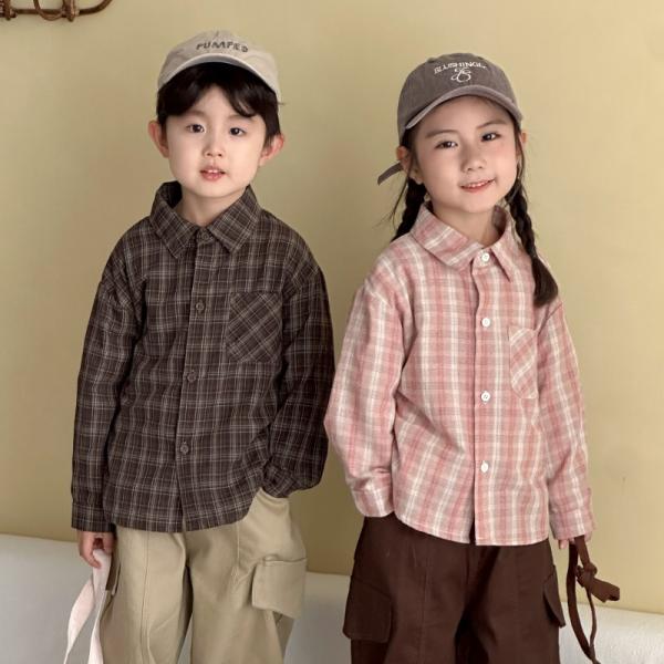 キッズ チェックシャツ 長袖 トップス きょうだいコーデ 男の子 女の子 子供シャツ 春 秋 ユニセックス ポケット付き 爆買