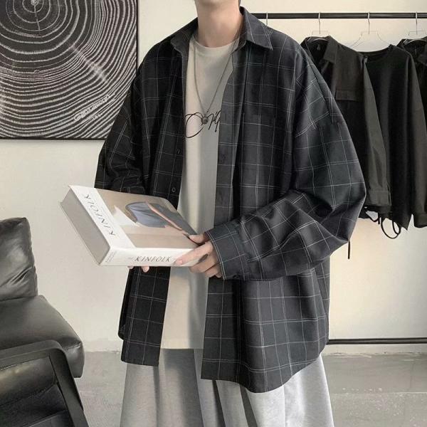 シャツ メンズ チェックシャツ 長袖 オーバーサイズ ルーズ レトロ カジュアルアウター 春 夏 羽織り ブラック グレー ブルー 韓国ファッション 通勤 通学 トッ