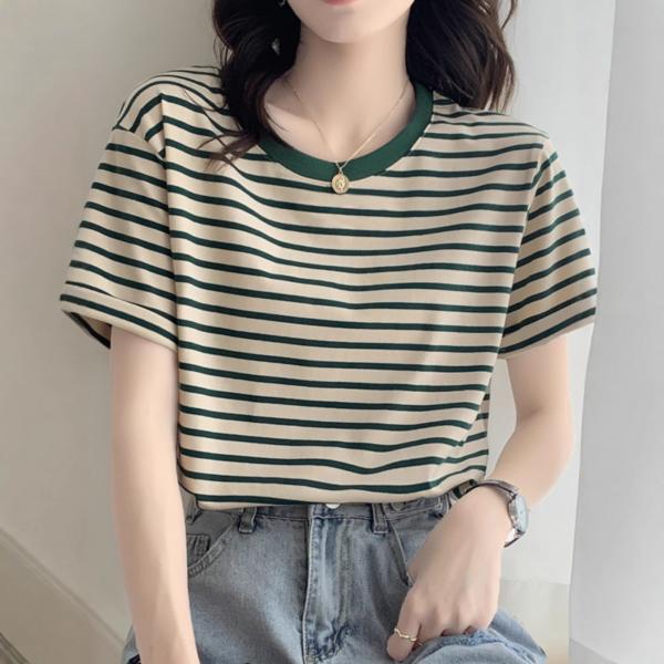 レディース 半袖 Tシャツ ボーダー柄 丸首 綿混素材 柔らかい肌触り ゆったりシルエット カジュアル 通勤 デイリー 夏用 トップス 爆買