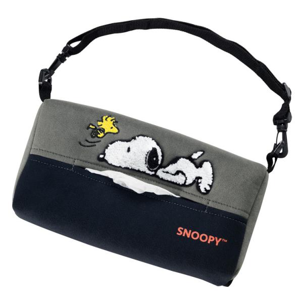 〔SNOOPY☆PEANUTS〕ねそべりスヌーピーデザインのティッシュカバー☆彡座席のヘッドレストステーにベルトを通し、フックを取り付けてアジャスターで位置を調節することができます。【パッケージサイズ】約W160×D20×H320mm【仕　...