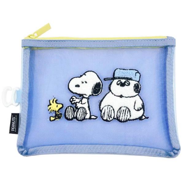 スヌーピー サガラ刺繍メッシュポーチ ブルー ケース 小物入れ スリム