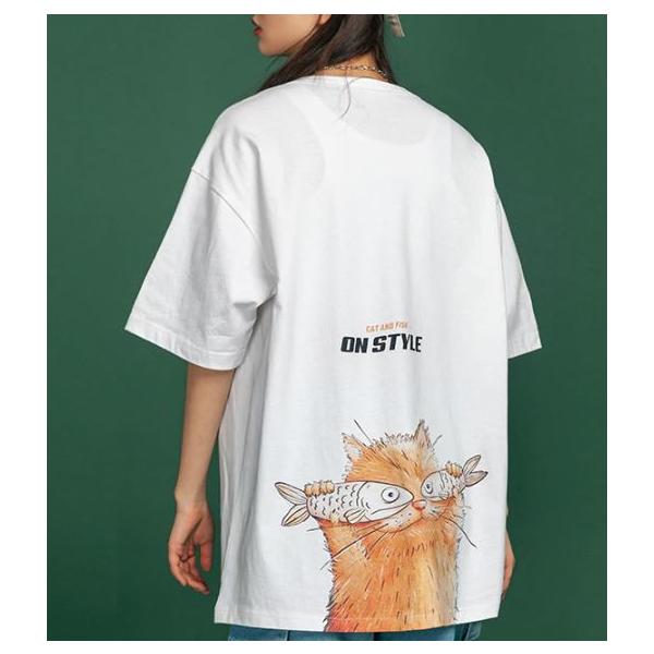 3色 魚で目を隠す猫のイラストがかわいいおもしろｔシャツ バックプリント ルーズ 大きめ Bavabavava セレクトショップ Hassi 通販 Yahoo ショッピング