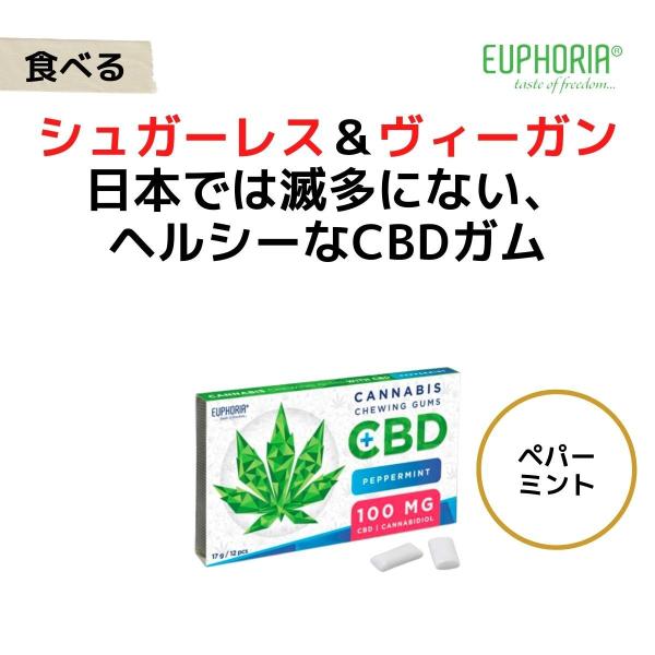 ブランド名：EUPHORIA（ユーフォリア）商品名：CBDガムCBD含有量：100mg容量：12個フレーバー：ペパーミント生産国：チェコ▼日本では滅多にない、ヘルシーなCBDガム ?? シュガーレス＆ヴィーガン?? 非遺伝子組換え作物使用?...