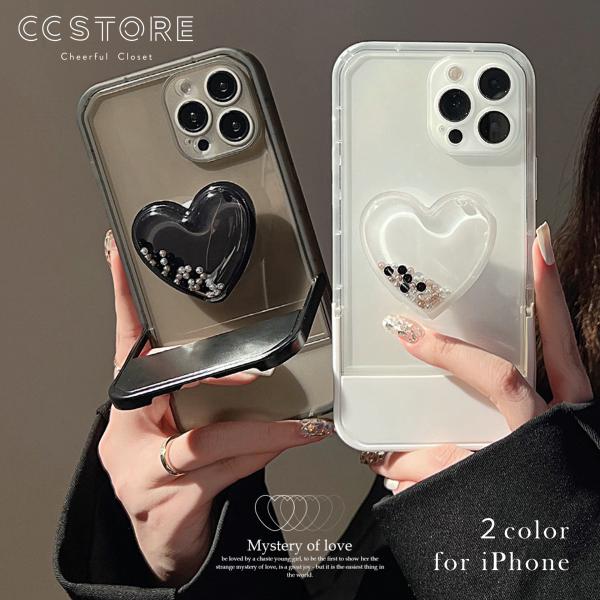 スマホケース iPhone ハート スマホグリップ 韓国 ケース ソフト スタンド iPhone13 iPhone14 iPhone15 iPhone16 クリア 透明 ブラック ホワイト おしゃれ