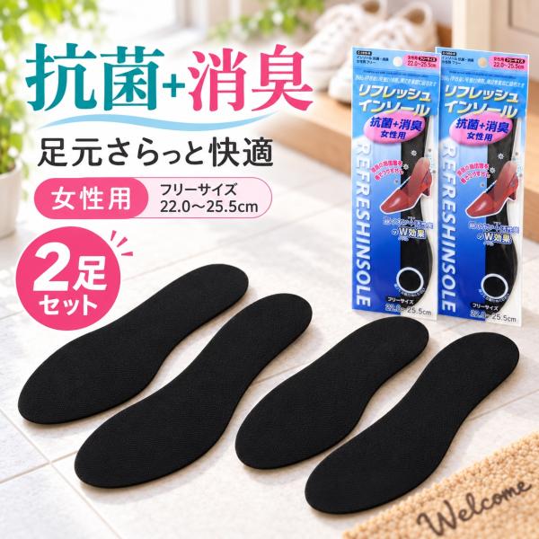 おトクな2個セット インソール レディース 女性用 中敷き 抗菌 消臭 フリーサイズ 22.0〜25.5cm 銀イオン クッション 革靴 スニーカー パンプス 通勤用 送料無料