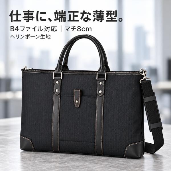 ビジネスバッグ メンズ 軽量 自立 B4ファイル対応 2WAY 就活 通勤 黒 ショルダー付き ブリーフケース B4ファイルサイズ ハミルトン ヘリンボーン