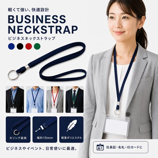ネックストラップ 落下防止 IDカードホルダー 社員証 名札 二重リング 無地 黒 レッド ブルー グリーン丈夫 軽量 ビジネスオフィス イベント 紛失防止 送料無料