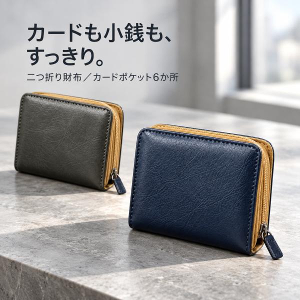 財布 メンズ 二つ折り 小銭入れ ファスナー 仕切り付き カード収納 合成皮革 ネイビー オリーブ コンパクト 軽量 札入れ カード6枚収納 送料無料