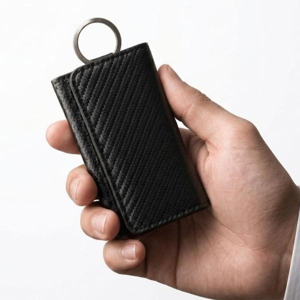 メンズキーケース スマートキー 三連 カーボン調 カード お札 小銭 合成皮革 レザー 軽量 薄型 コンパクト スリム ビジネス 紳士 ミニマリスト 鍵 収納 送料無料