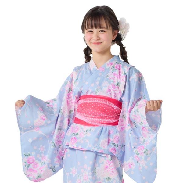 浴衣セット 桜に水仙・水色 ゆかた 浴衣ドレス 綿100% 子供 夏祭り