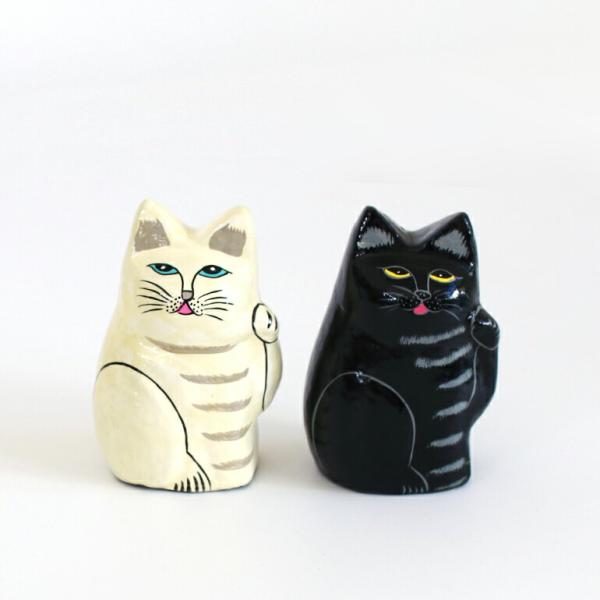 招き猫  おしゃれ amabro アマブロ 黒 白 ハンドペイント インド 紙粘土 伝統工芸