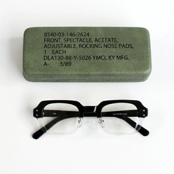 メガネ ブラックフレーム UV400 UVカット ミリタリー アメリカ軍 復刻 ケース付き USSタイプ S9  (ピュアブラック/クリア×クリア)