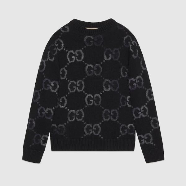 GUCCI ブラック 長袖ニットセーター XL GUCCI（グッチ） メンズ GG インターシャ ウール セーター【ブラック
